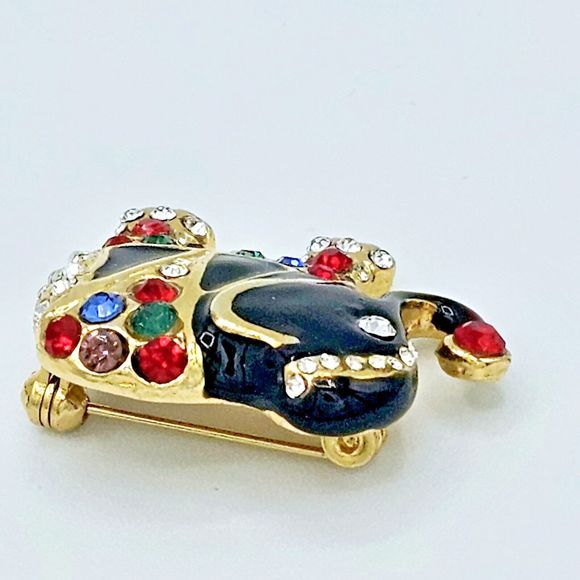 Vintage Jeweled Elephant Brooch Black Enamel Indian Asian Gold Tone Jewelry Pin - Picture 3 of 10